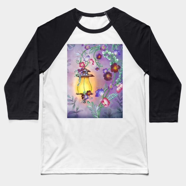 Old streetlight with flowers ornamental decoration. Fairy night garden watercolor illustration. Colorful fantasy scenery Baseball T-Shirt by likapix